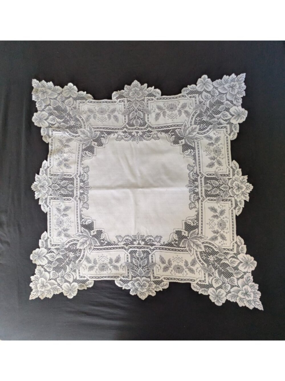 Vintage Linen and Lace Square Table Topper White Floral Cut Out Edge 35"